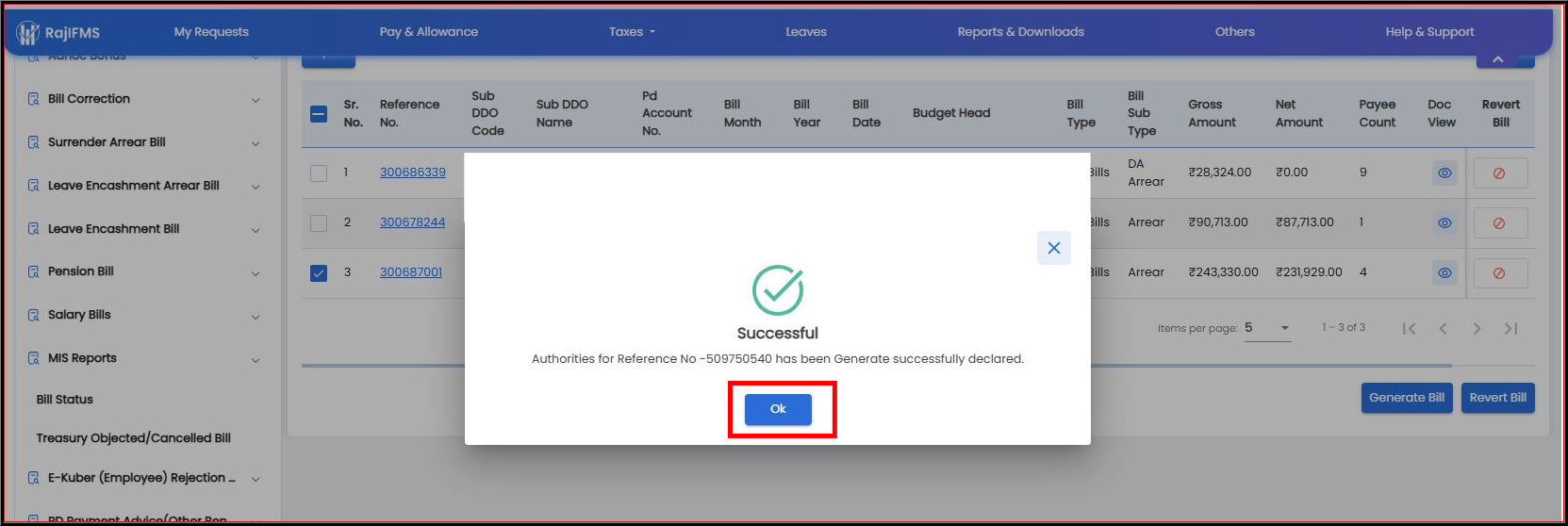Bill Generation Declared Successfully